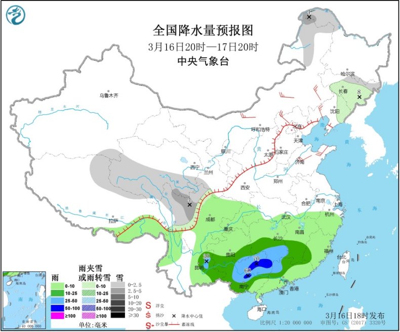 江南华南多降雨青藏高原、东北地区等地有雪