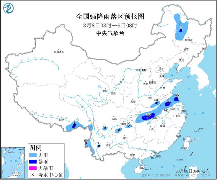 暴雨蓝色预警：安徽中部、湖北南部等地有大暴雨