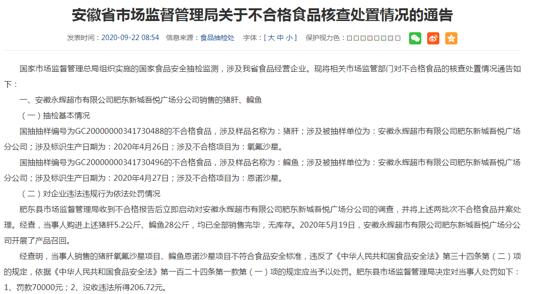 安徽核查处置3批次不合格食品 永辉超市分公司遭罚7万
