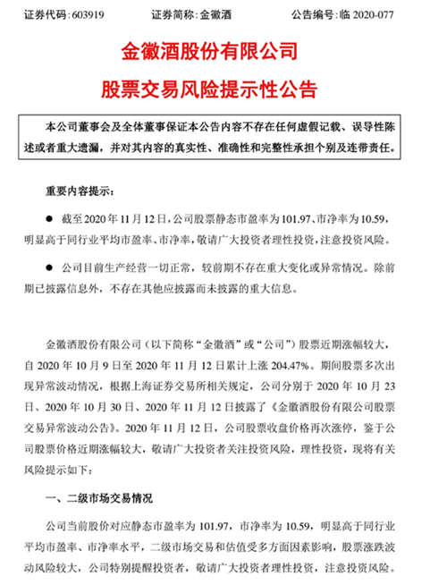 连续三日涨停、市盈率偏高，金徽酒再发股票交易风险提示