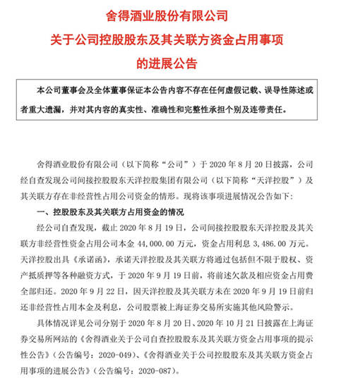 ST舍得：尚未收到天洋控股及其关联方资金占用的本金及利息