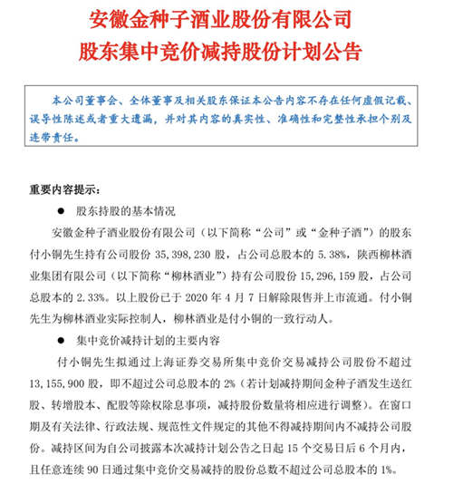 金种子酒第二大股东付小铜再次披露减持计划，拟减持股份不超2%