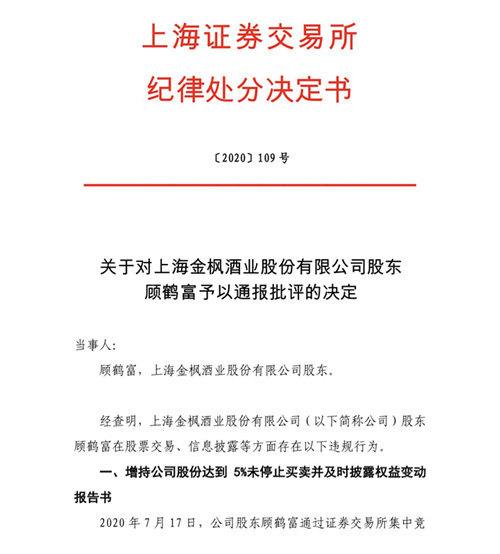 金枫酒业第二大股东因股票交易、信息披露违规，被通报批评