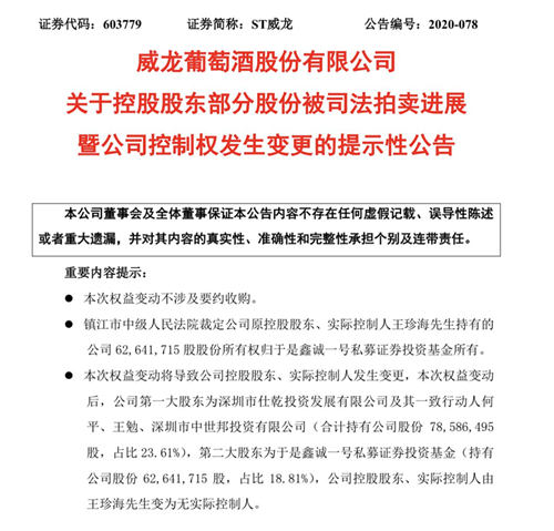 ST威龙变为无实际控制人，公司回应：目前依旧为原生产经营团队