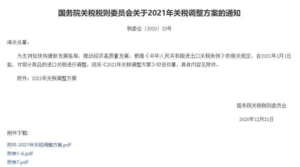 2021年1月1日起我国调整部分商品进口关税