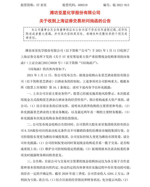 ST亚星收购景芝酒业白酒业务，被上交所要求披露相关财务数据
