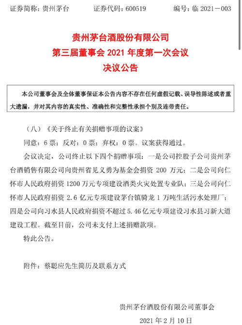 贵州茅台：终止捐资习新大道建设工程等四个捐赠事项