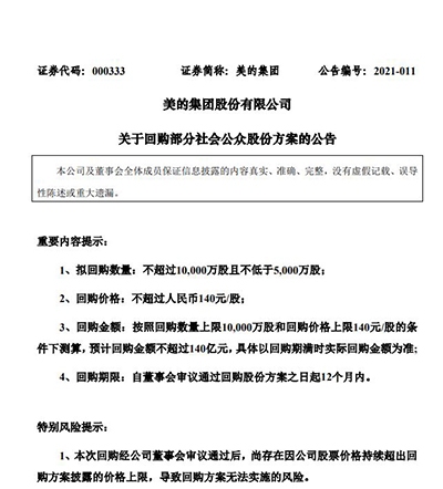 美的集团推出新一轮回购方案：拟斥资不超140亿元回购5000万至1亿股公司股份