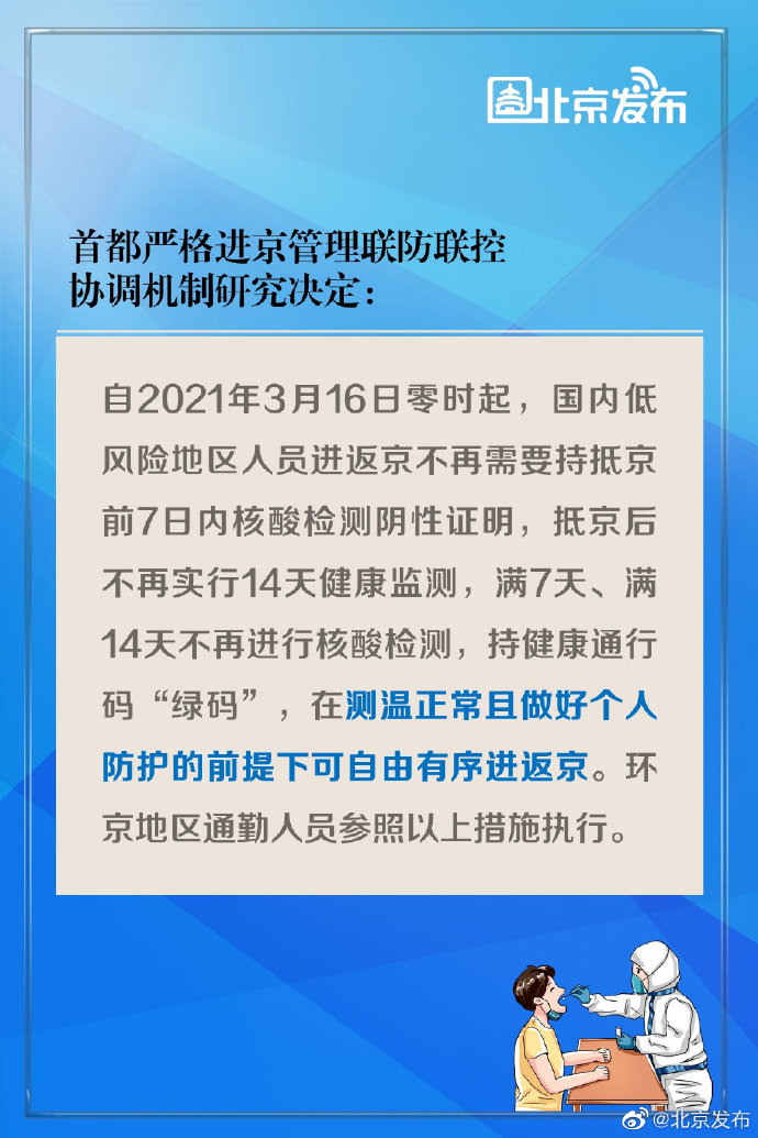 16日起国内低风险地区人员进返京不再需核酸检测证明