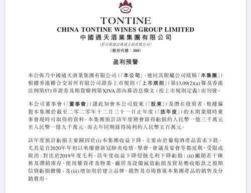 通天酒业:2020财年盈转亏,预亏约1.3亿元至1.9亿元