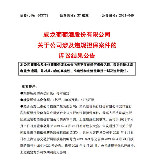 ST威龙:违规担保案件终审宣判,维持二审结果