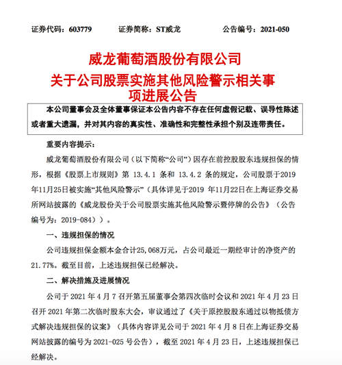 ST威龙：违规担保已解决，公司仍处于立案调查阶段