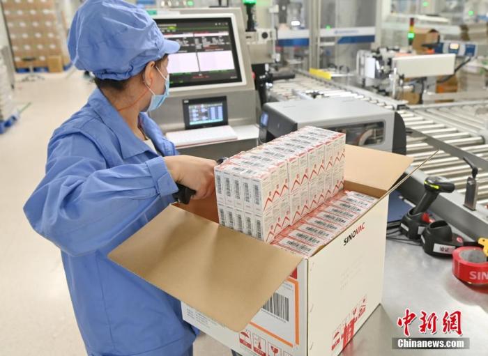 日内瓦当地时间6月1日，世界卫生组织宣布，由中国北京科兴中维生物技术有限公司研发的新冠灭活疫苗“克尔来福”正式通过世卫组织紧急使用认证。图为北京时间6月1日，位于北京市大兴区的北京科兴中维生物技术有限公司内，工人在新冠灭活疫苗包装生产线上进行开箱登记扫描作业。 <a target='_blank' href='http://www.chinanews.com/'><p  align=