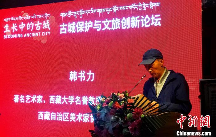 著名艺术家韩书力在古城保护与文旅创新论坛上发言。　冉文娟摄