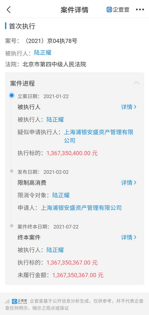 瑞幸咖啡创始人陆正耀被执行总金额超21亿